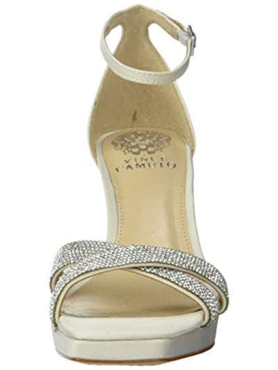 VINCE CAMUTO Womens White Crossover Crystal Ankle Strap Embellished Kalvira Square Toe Stiletto Buckle Dress Heeled Sandal 7 M