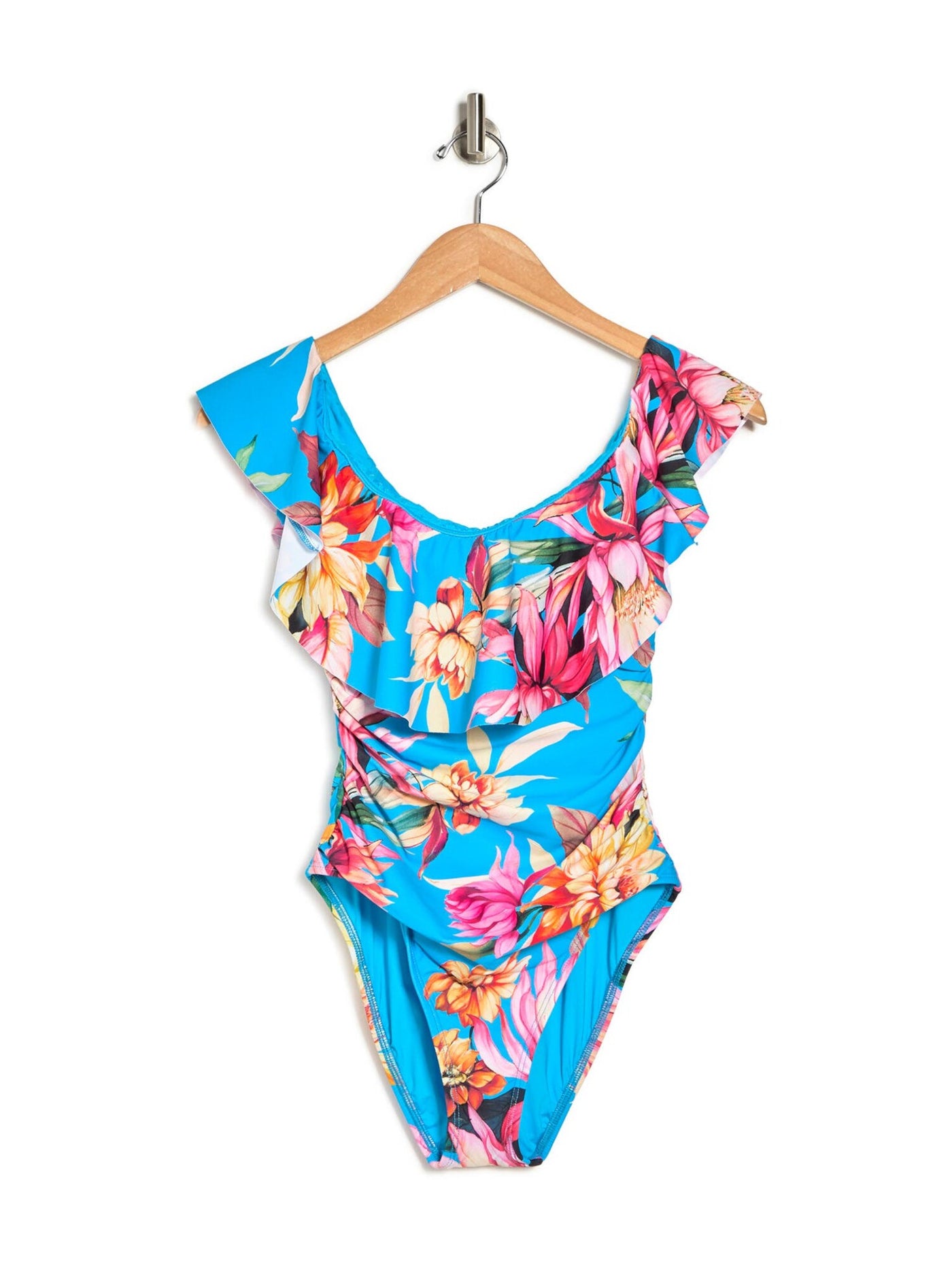 LA BLANCA Women's Blue Floral Stretch Strappy Back Removable Cups Ruffled Moderate Coverage Off The Shoulder One Piece Swimsuit 2