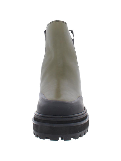 AQUA Womens Green 1-1/2" Platform Goring Lug Sole Mud Guard Round Toe Block Heel Leather Booties 5.5 B