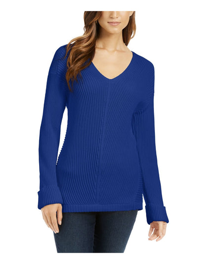 CHARTER CLUB Womens Blue Textured Long Sleeve V Neck T-Shirt S