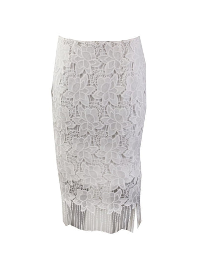 BAR III DRESSES Womens White Fringed Lace Floral Below The Knee Pencil Skirt XS