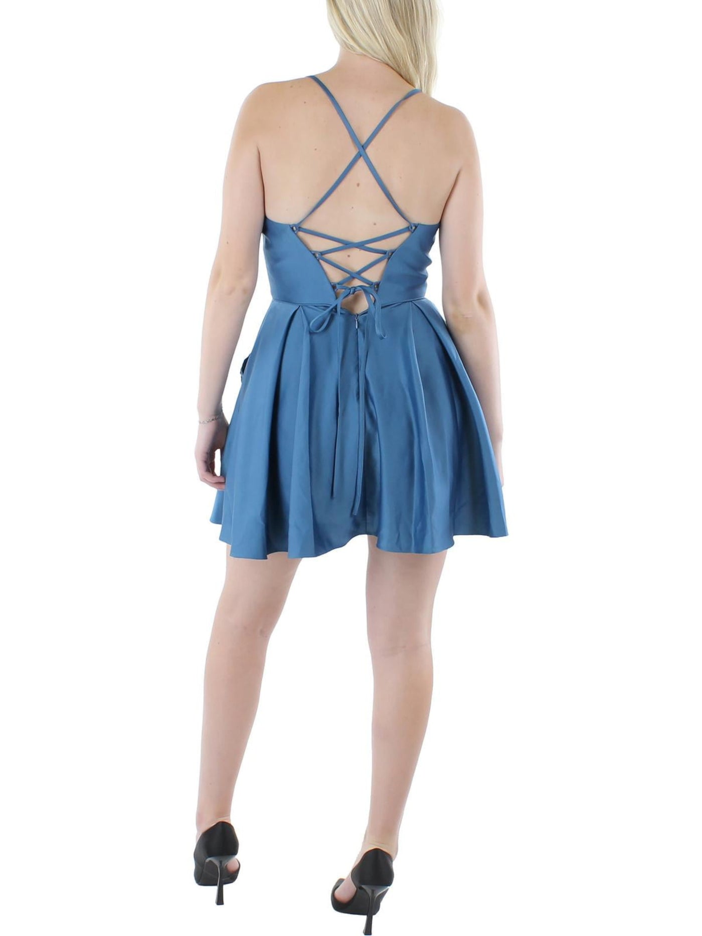 BLONDIE NITES Womens Blue Pocketed Corset Back Spaghetti Strap V Neck Short Party Fit + Flare Dress 1