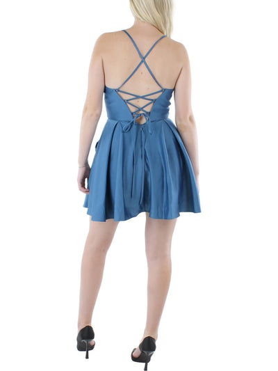 BLONDIE NITES Womens Blue Pocketed Corset Back Spaghetti Strap V Neck Short Party Fit + Flare Dress 1