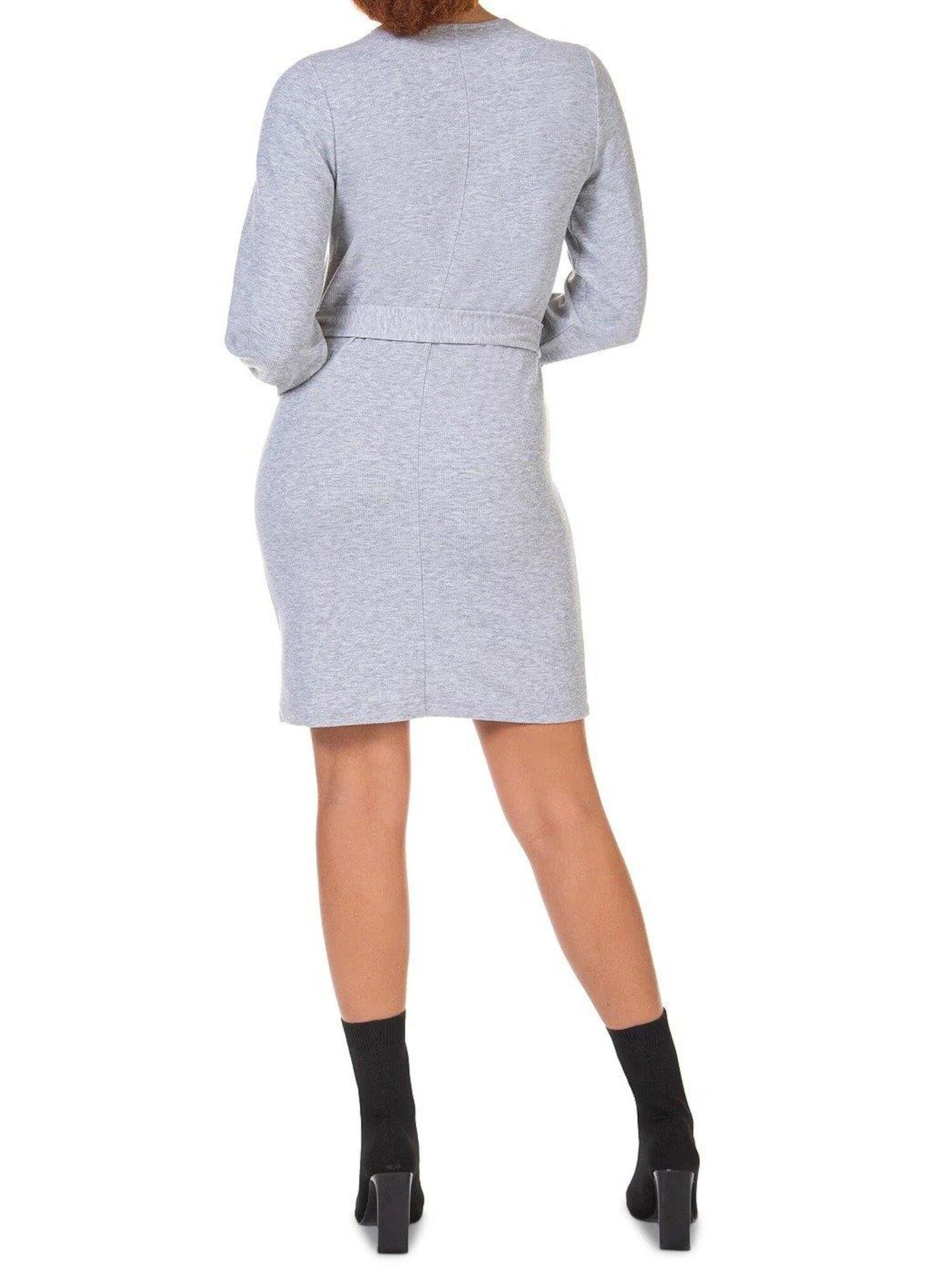 BLACK TAPE Womens Gray Stretch Ribbed Tie Balloon Sleeve Round Neck Above The Knee Party Shift Dress M