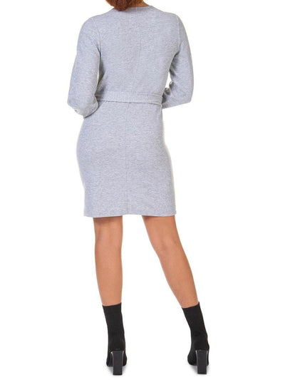 BLACK TAPE Womens Gray Stretch Ribbed Tie Balloon Sleeve Round Neck Above The Knee Party Shift Dress M