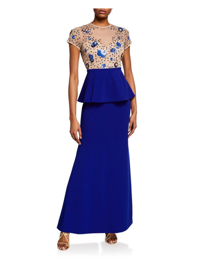 AIDAN MATTOX Womens Blue Sequined Beaded Floral Short Sleeve Illusion Neckline Maxi Formal Sheath Dress 2