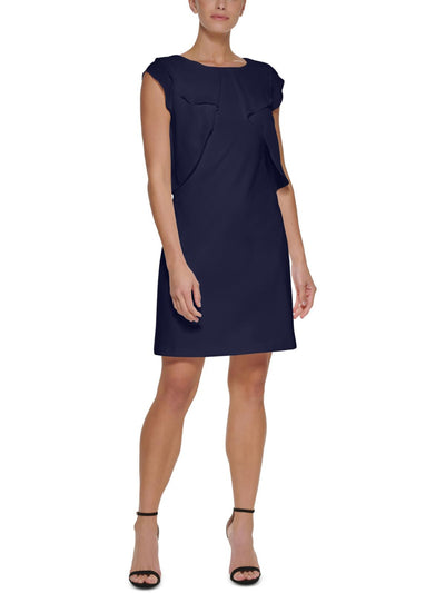 DKNY Womens Navy Zippered Sheer Split-overlay Unlined Flutter Sleeve Crew Neck Above The Knee Wear To Work Sheath Dress 6P