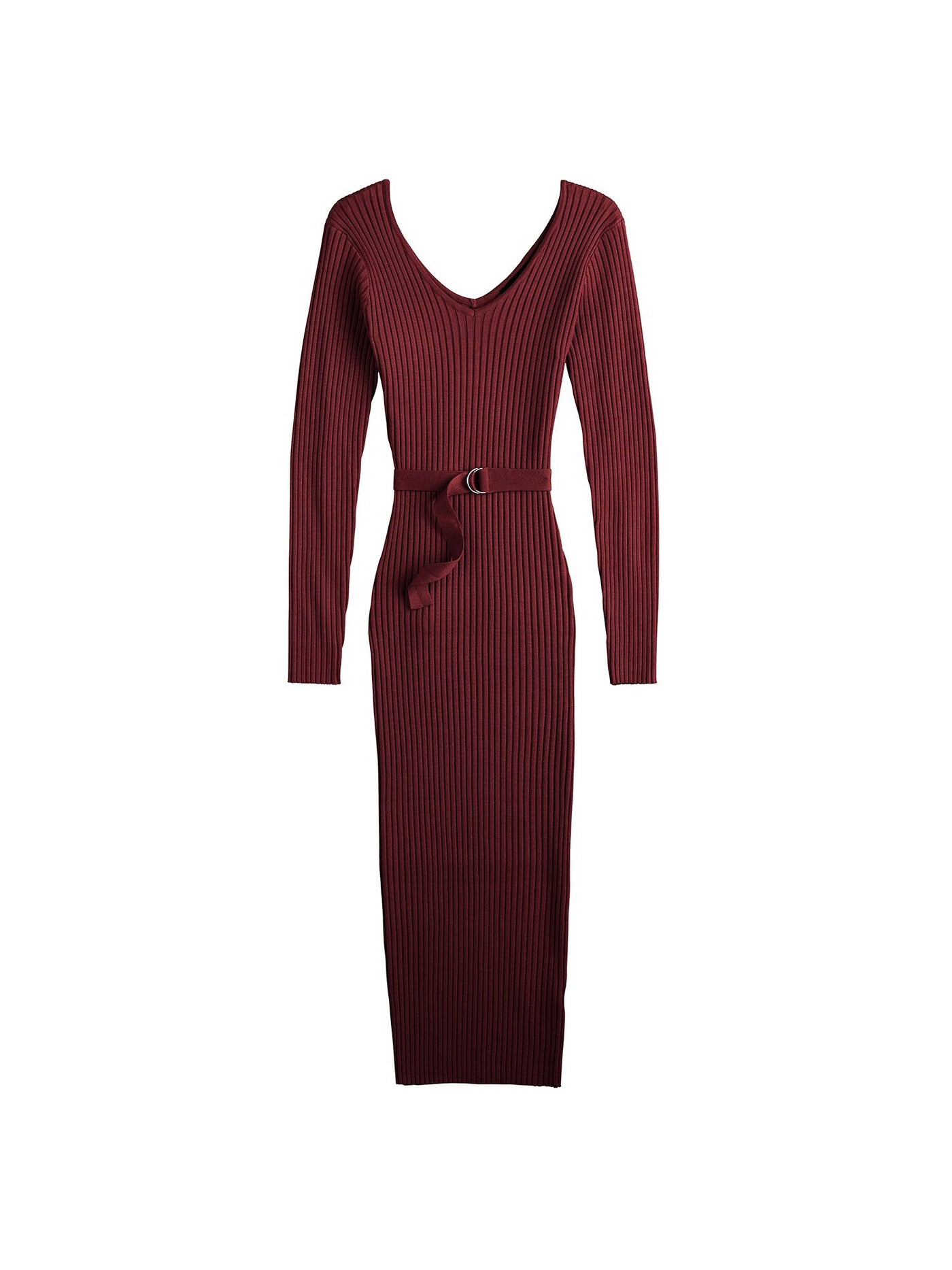 ALMOST FAMOUS Womens Burgundy Ribbed Belted V-back Long Sleeve V Neck Midi Wear To Work Body Con Dress M