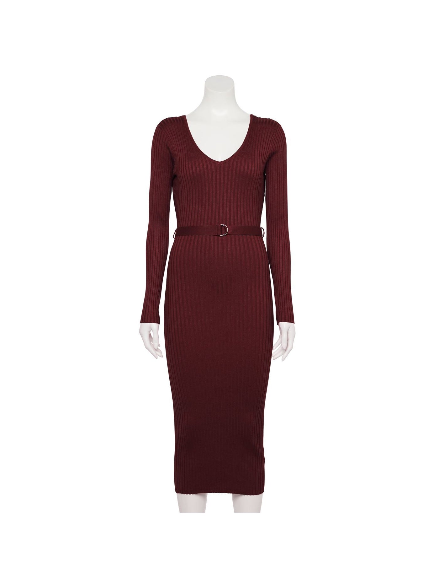 ALMOST FAMOUS Womens Burgundy Ribbed Belted V-back Long Sleeve V Neck Midi Party Body Con Dress L