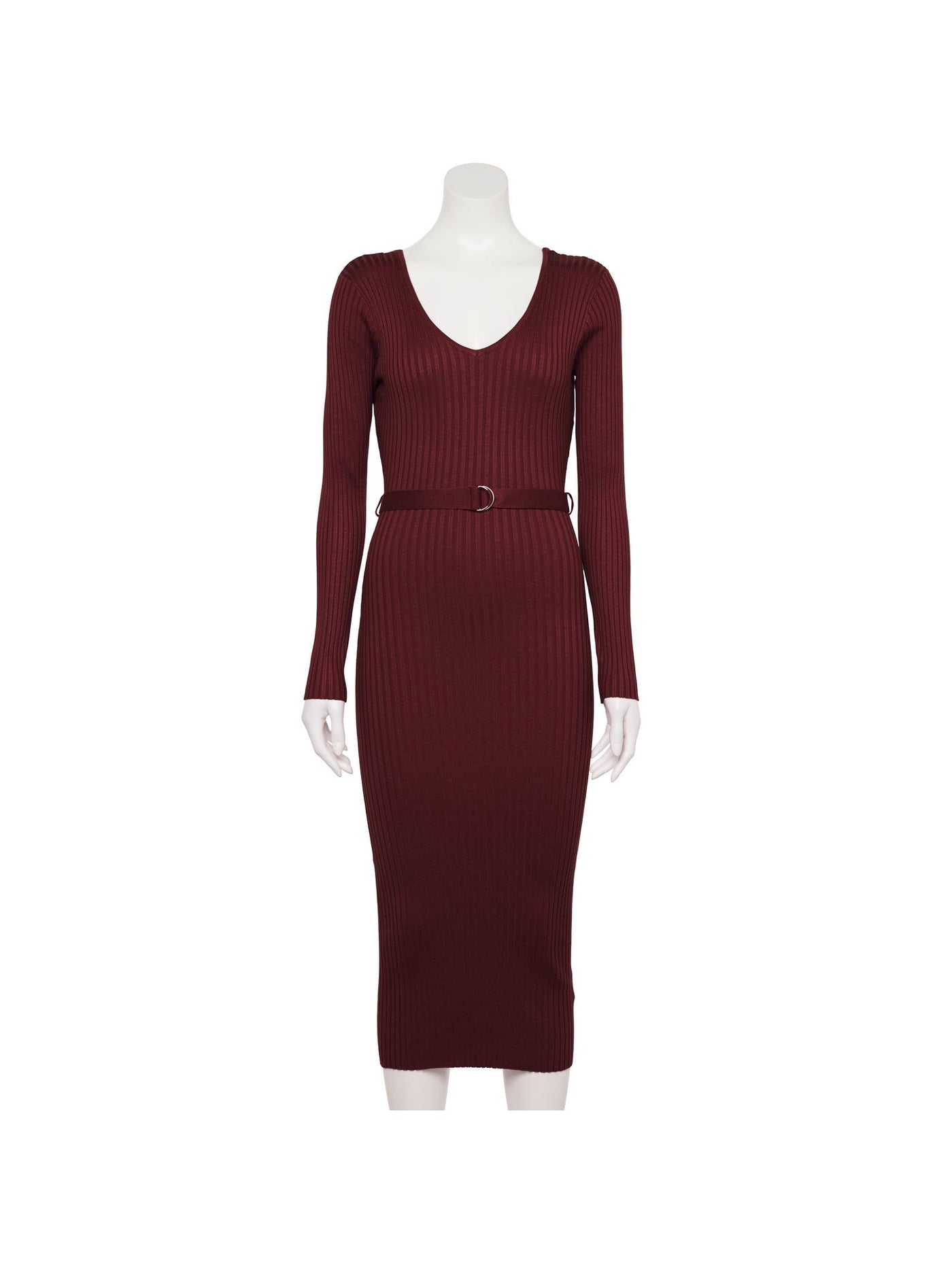 ALMOST FAMOUS Womens Burgundy Ribbed Belted V-back Long Sleeve V Neck Midi Party Body Con Dress S