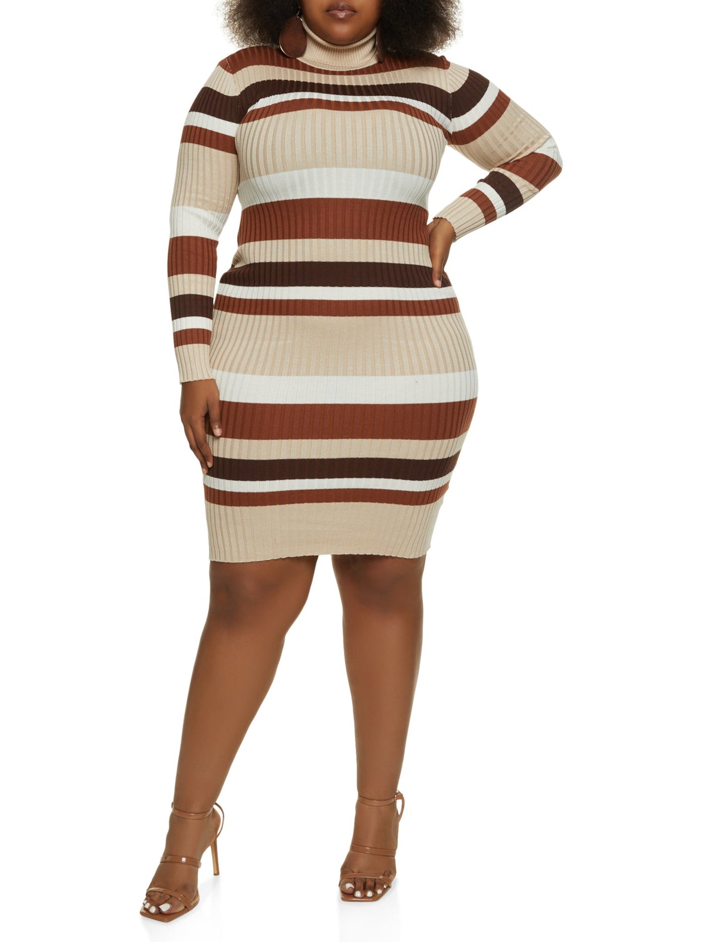 ALMOST FAMOUS Womens Beige Ribbed Pullover Striped Long Sleeve Mock Neck Above The Knee Body Con Dress S