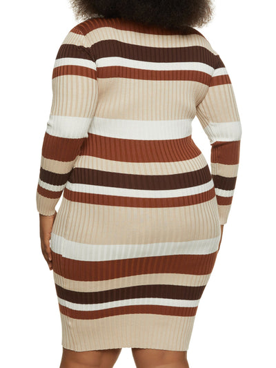 ALMOST FAMOUS Womens Beige Ribbed Pullover Striped Long Sleeve Mock Neck Above The Knee Body Con Dress S