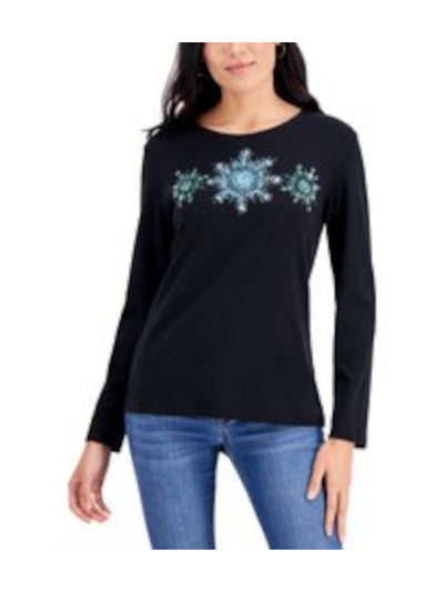 KAREN SCOTT Womens Black Stretch Embellished Graphic Long Sleeve Round Neck Holiday Top Petites PP