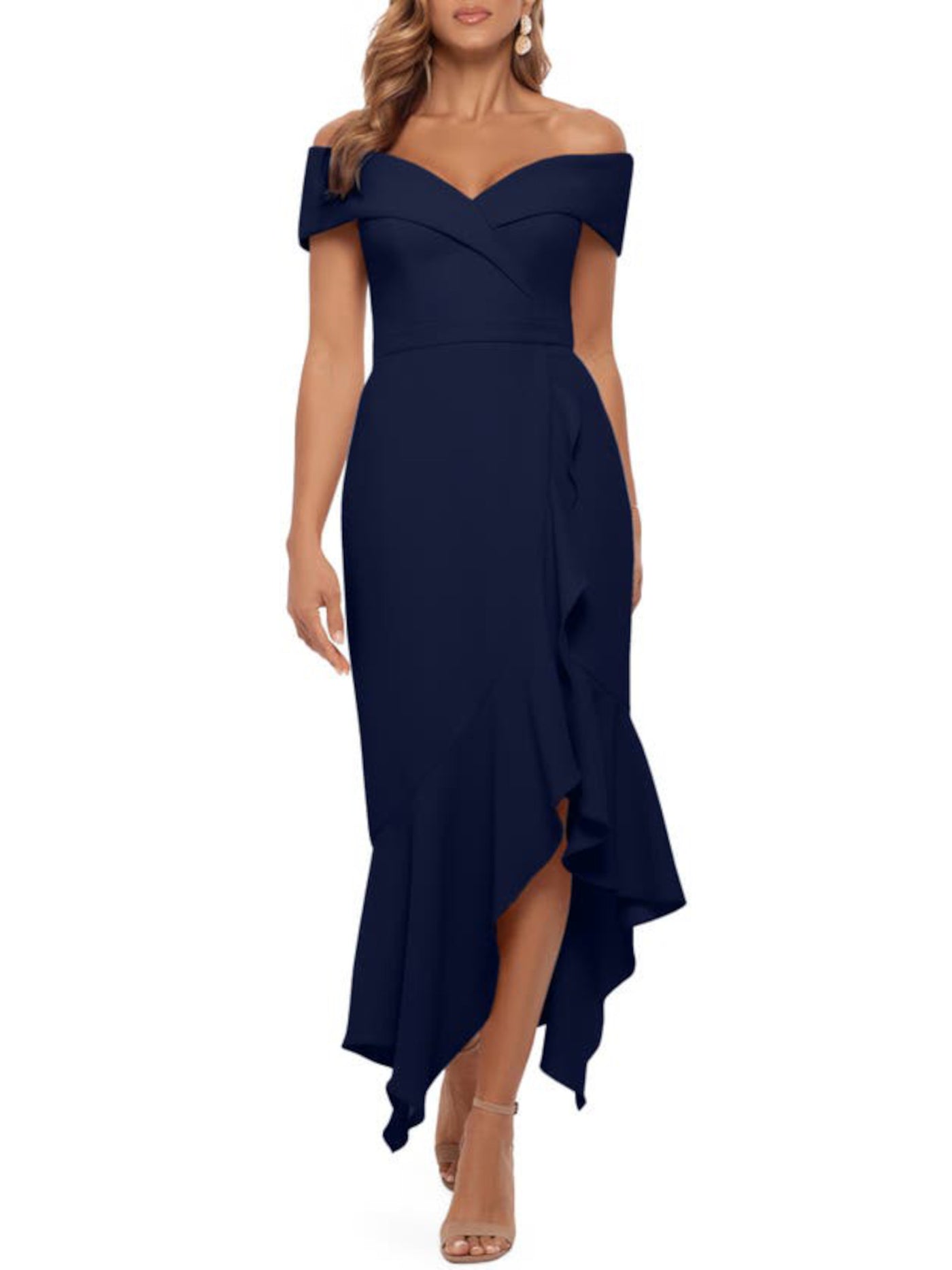 XSCAPE Womens Navy Stretch Zippered Ruffled Asymmetrical Hi-lo Hem Short Sleeve Off Shoulder Maxi Evening Fit + Flare Dress 14