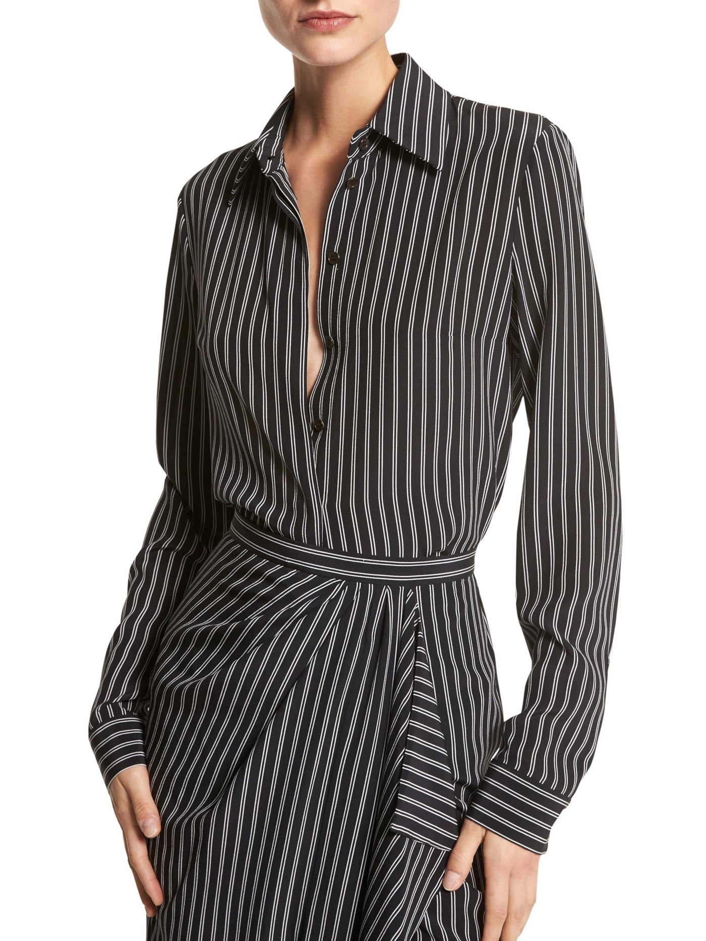 MICHAEL KORS COLLECTION Womens Black Striped Cuffed Sleeve Point Collar Wear To Work Button Up Top 10