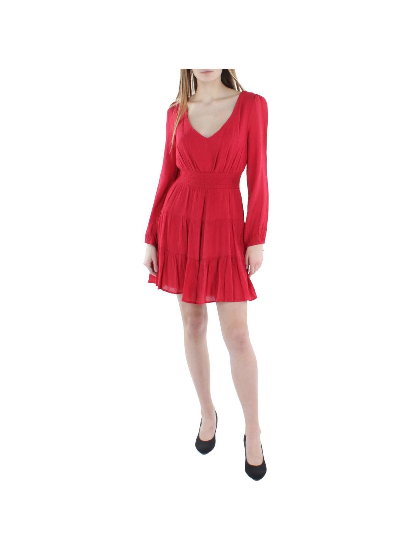 CITY STUDIO Womens Red Smocked Textured Tie Back Crinkle Cutout Lined Long Sleeve V Neck Short Fit + Flare Dress L