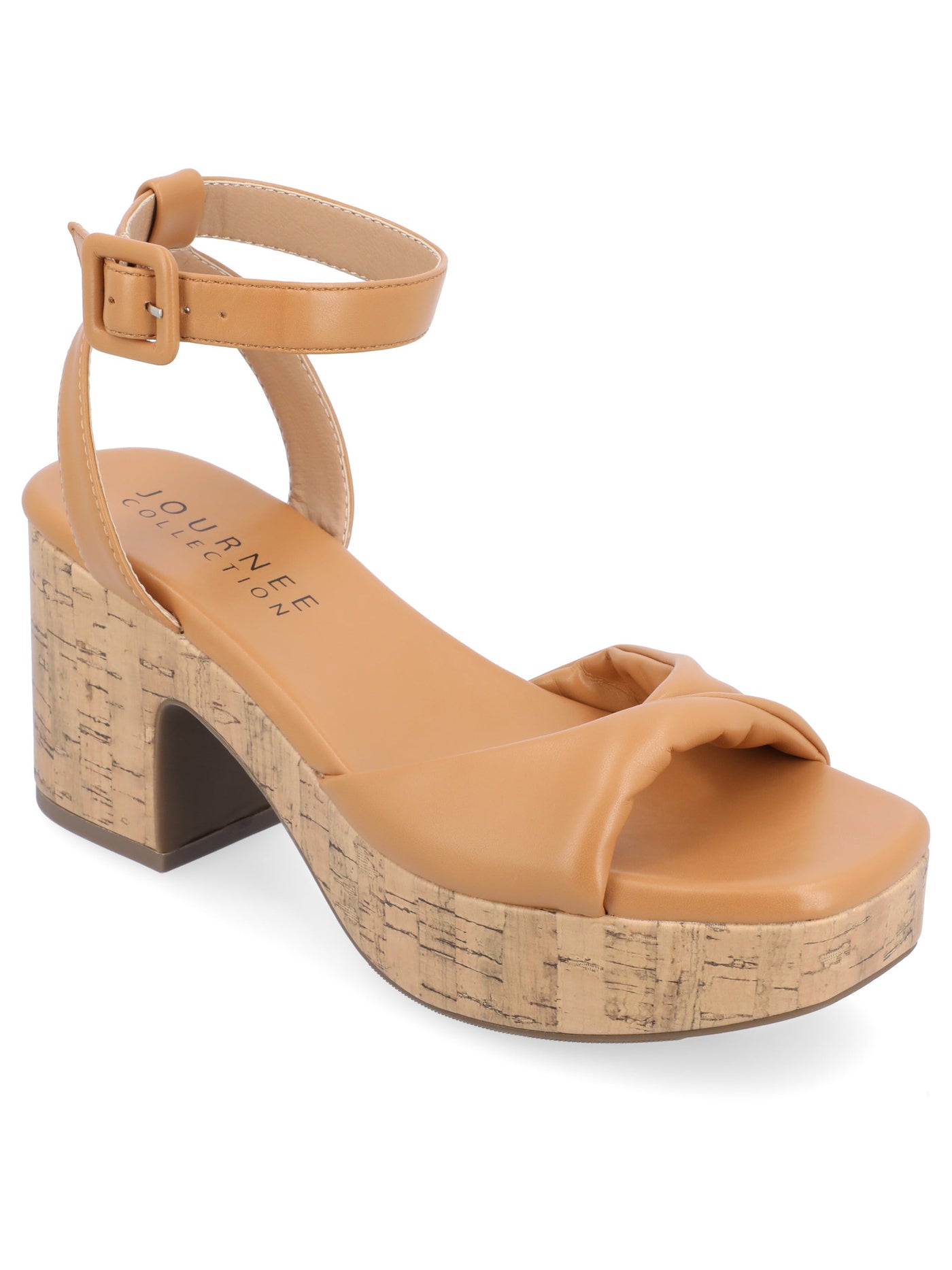 JOURNEE COLLECTION Womens Brown 1" Platform Twisted Cork Wrapped Ankle Strap Padded Eianna Square Toe Block Heel Buckle Dress Sandals Shoes 8 M