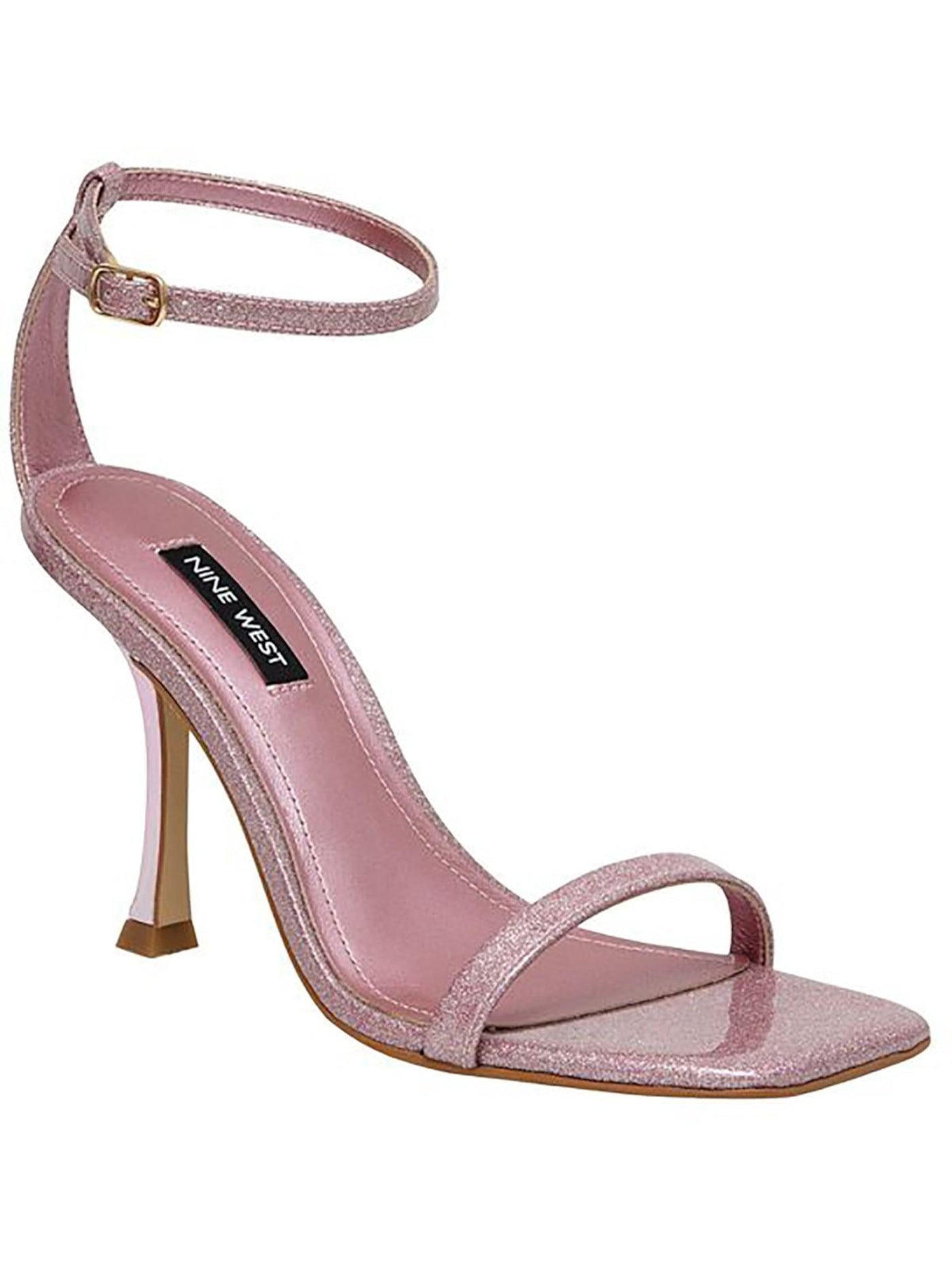 NINE WEST Womens Pink Padded Glitter Metallic Heel Adjustable Strap Ankle Strap Yess Square Toe Flare Buckle Dress Sandals 9.5 M