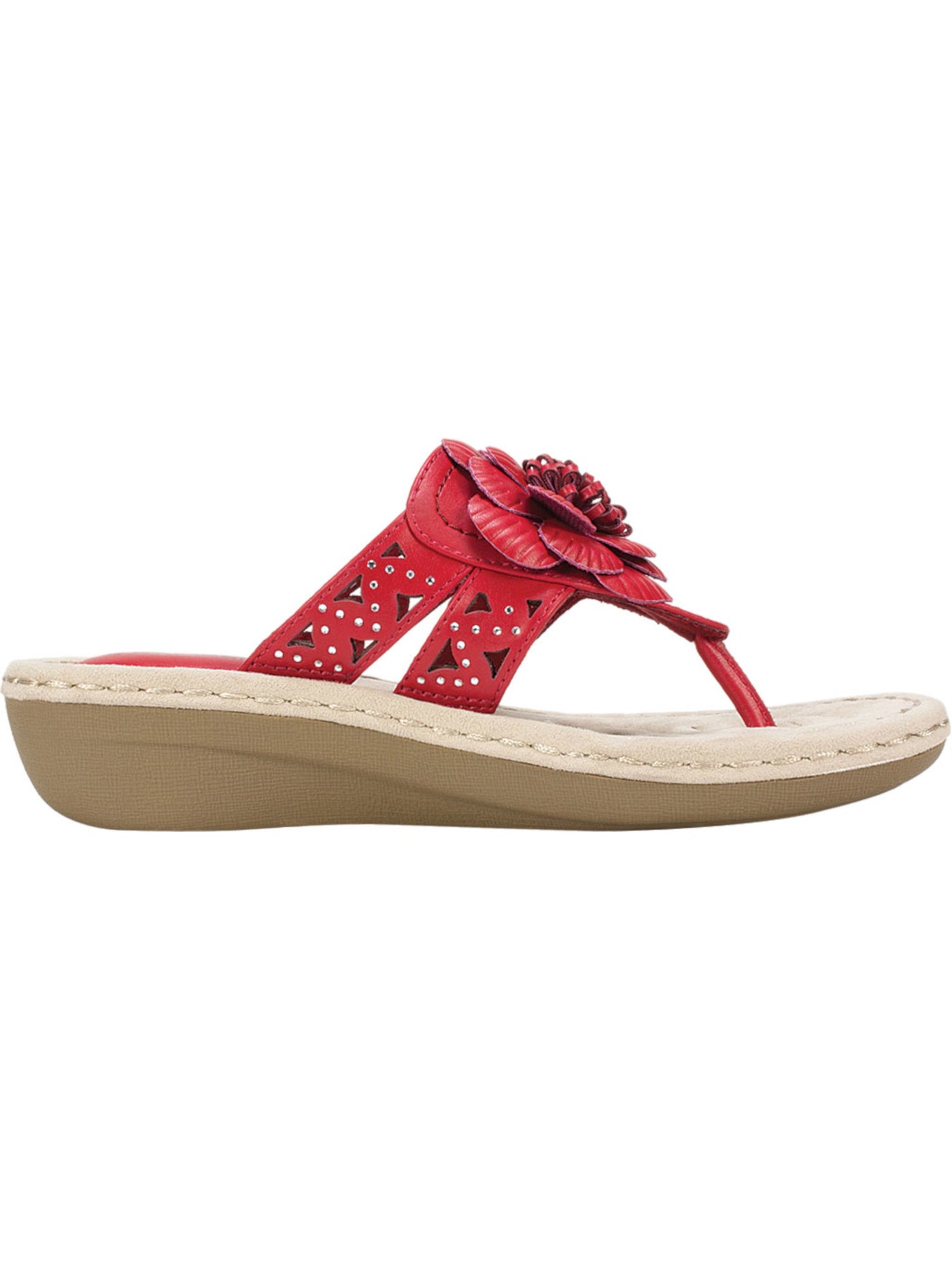 CLIFFS BY WHITE MOUNTAIN Womens Red Cut Out Floral Accent Cushioned Rhinestone Cynthia Round Toe Wedge Slip On Thong Sandals Shoes 8 M