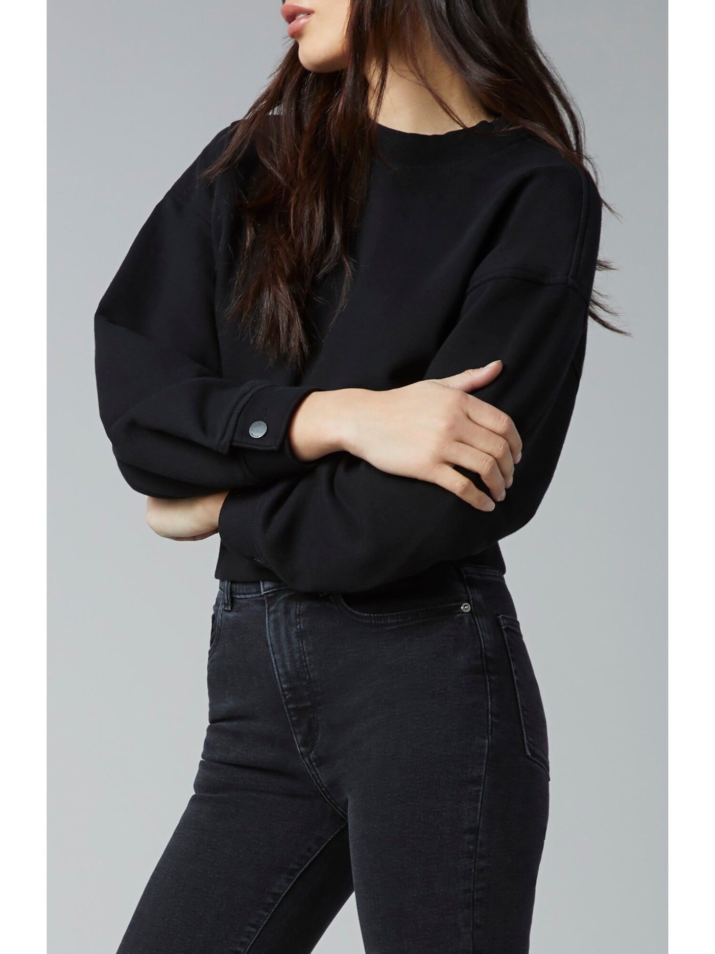 DL1961 Womens Black Stretch Short Length Button Cuff Ribbed Neck And Hem Long Sleeve Crew Neck Sweatshirt L