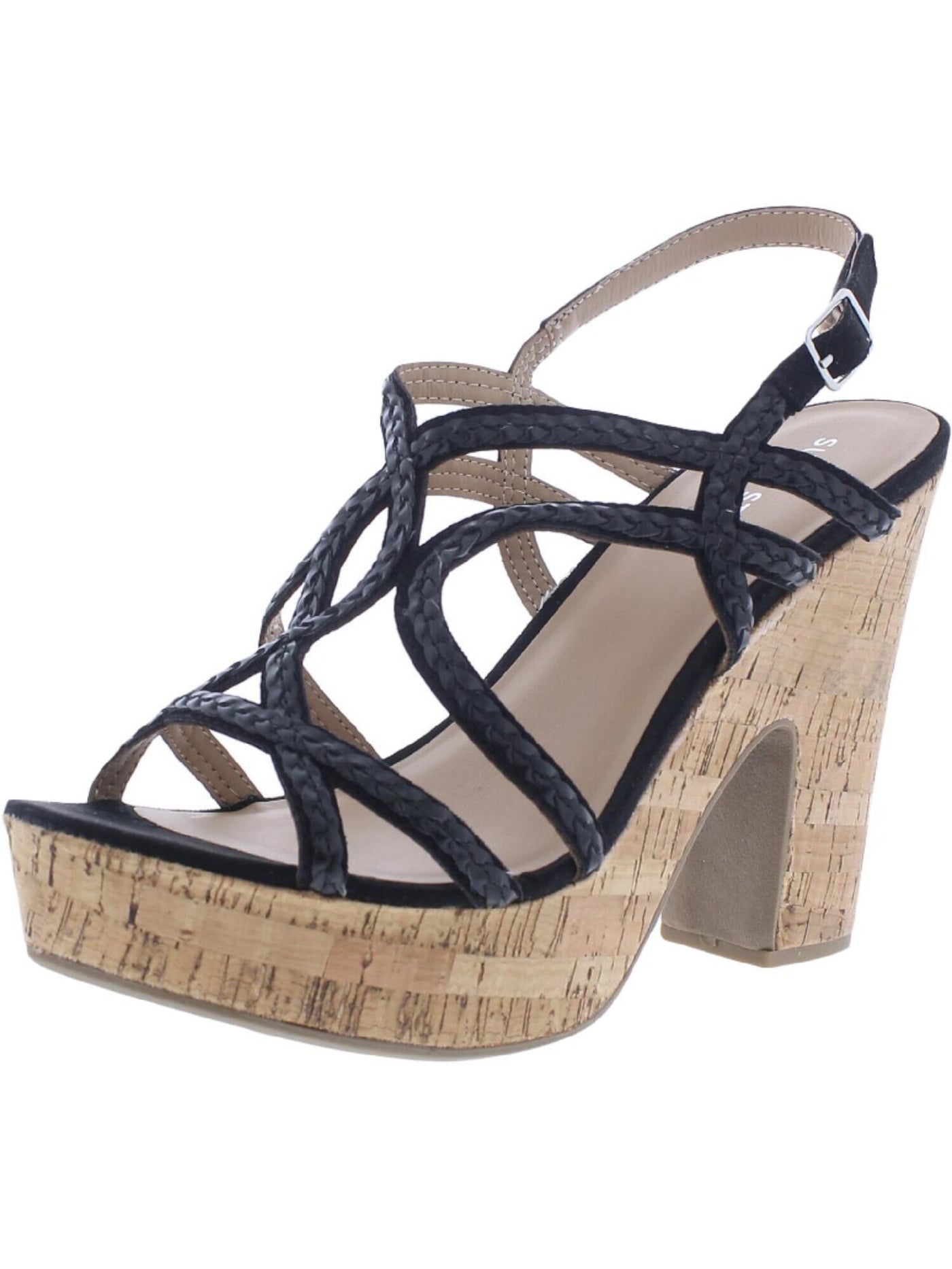 SUN STONE Womens Black 1" Platform Adjustable Cork-Like Braided Padded Nadiya Round Toe Block Heel Buckle Dress Slingback Sandal 9.5 M