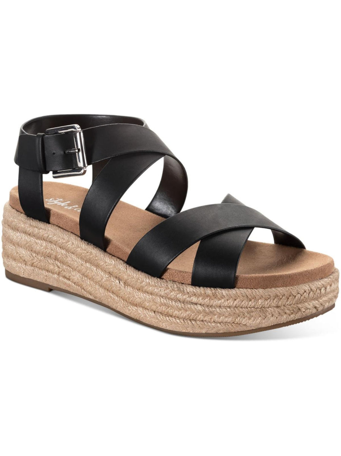 STYLE & COMPANY Womens Black 1-1/2" Platform Strappy Comfort Emalinee Round Toe Wedge Buckle Espadrille Shoes 9