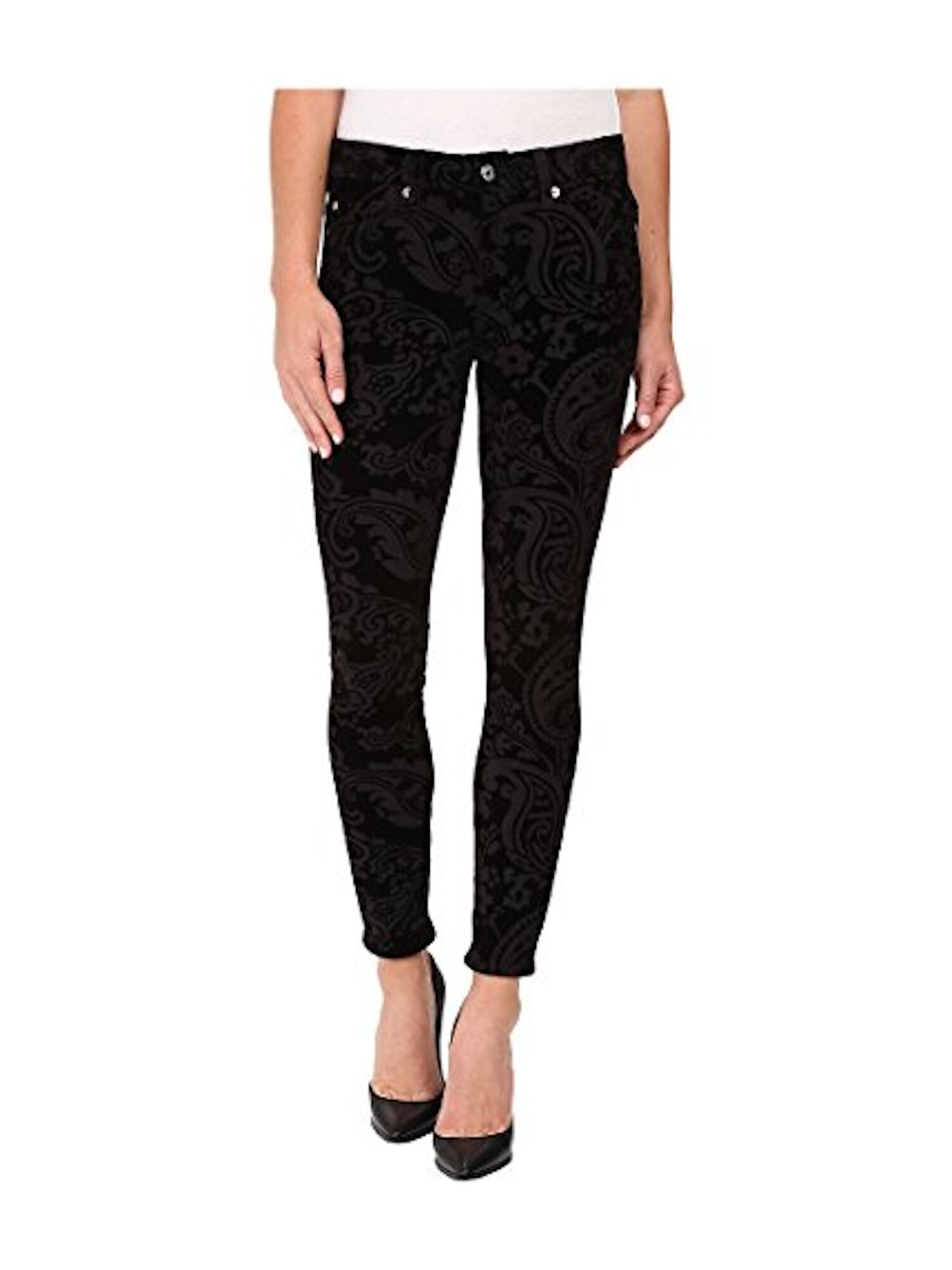 7 FOR ALL MANKIND Womens Black Printed Crew Neck Pants Size: 24 Waist