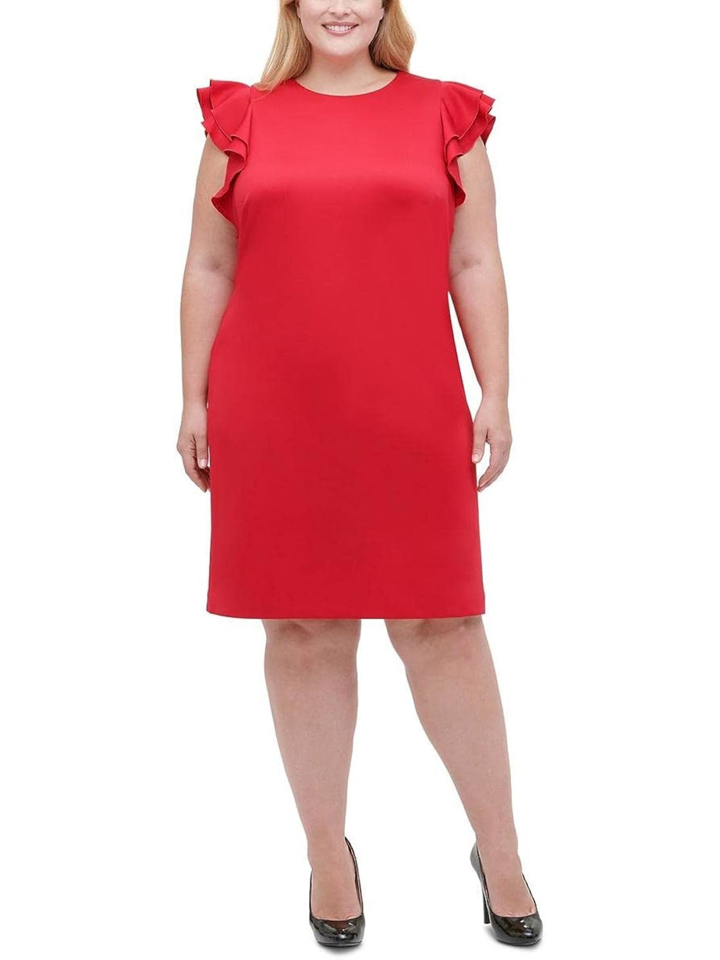 TOMMY HILFIGER Womens Red Ruffled Darted Zippered Cap Sleeve Jewel Neck Knee Length Cocktail Sheath Dress Plus 22W