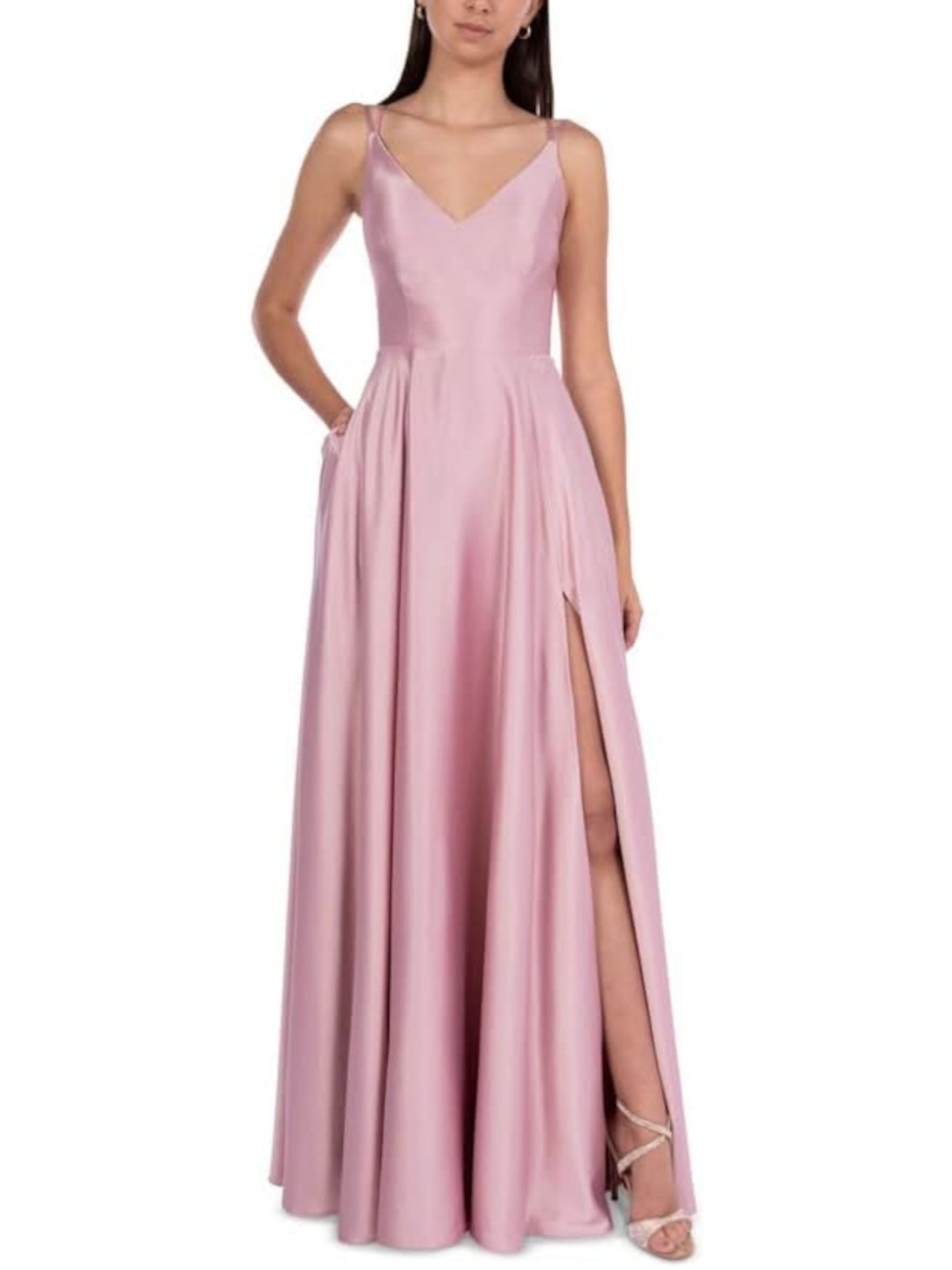 B DARLIN Womens Pink Satin Pocketed Zippered Open Back Thigh-high Slit Lined Sleeveless V Neck Full-Length Formal Fit + Flare Dress Juniors 7\8