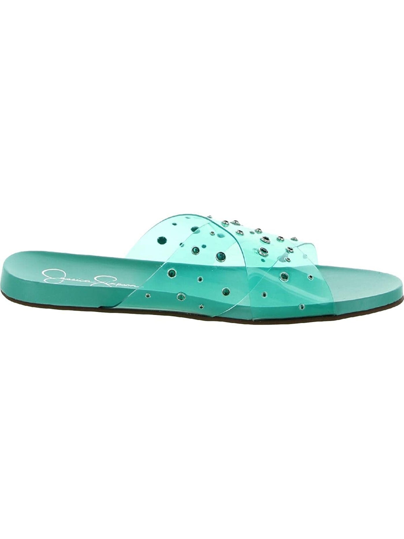 JESSICA SIMPSON Womens Turquoise Clear Vinyl Lucite Straps Studded Rhinestone Tislie Round Toe Slip On Slide Sandals Shoes 8 M