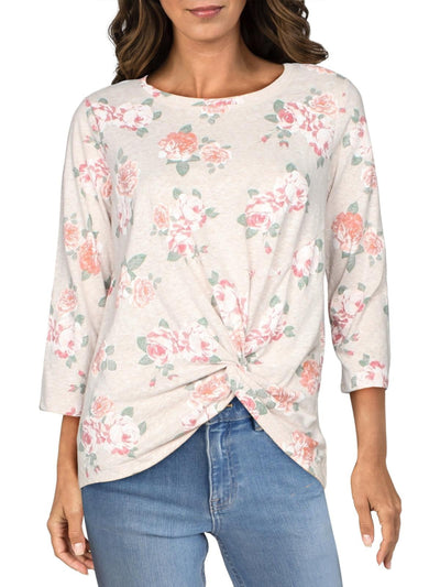 A + A COLLECTION Womens Beige Twist Front Pullover Floral Long Sleeve Round Neck Top L