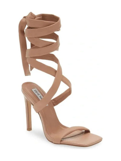 STEVE MADDEN Womens Beige Crocodile Strappy Comfort Utilize Square Toe Stiletto Lace-Up Dress Heeled Sandal 8.5 M