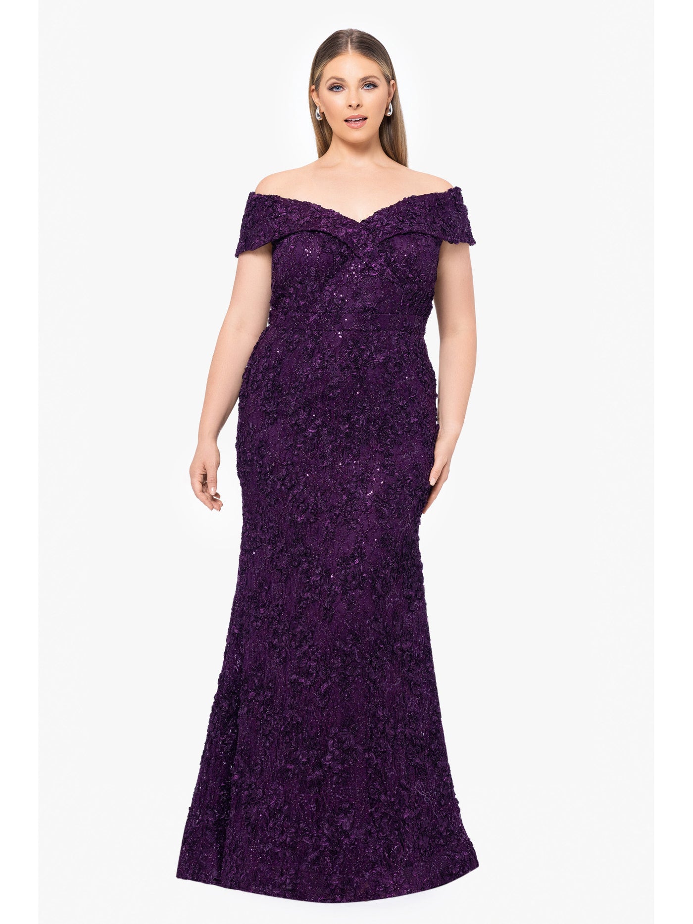 XSCAPE Womens Purple Zippered Embellished Lace Lined Textured Short Sleeve Off Shoulder Full-Length Formal Gown Dress 10