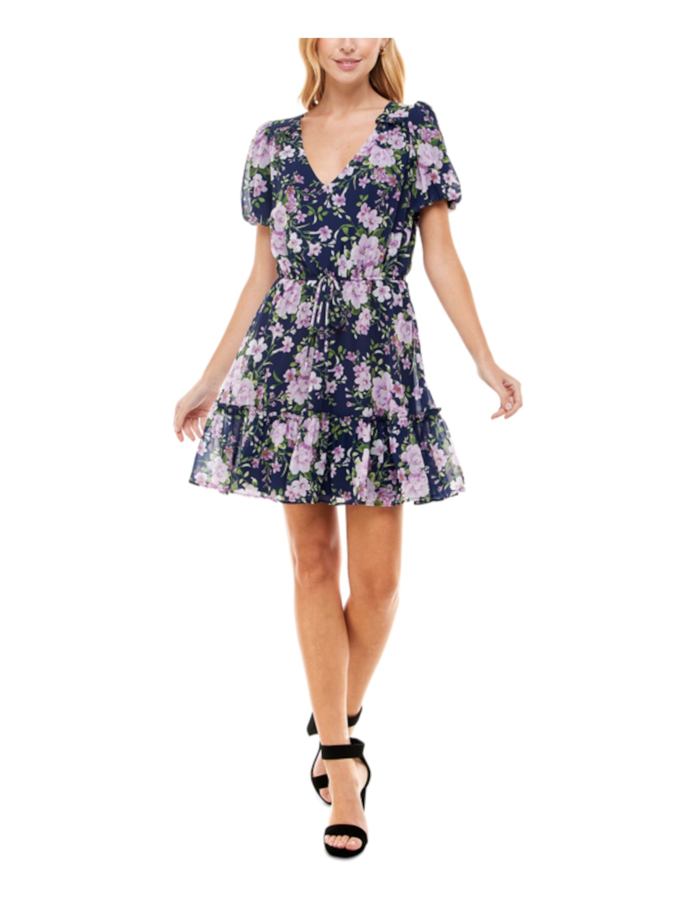 CRYSTAL DOLLS Womens Blue Ruffled Tie Pullover Floral Pouf Sleeve V Neck Short Evening Fit + Flare Dress XS