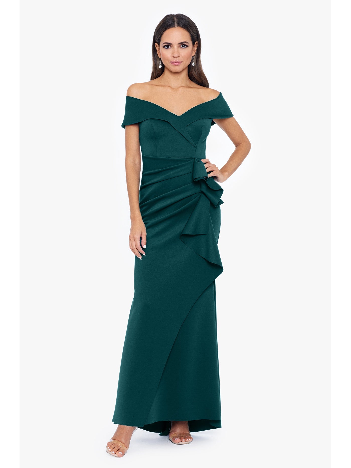 XSCAPE Womens Green Ruffled Zippered Draped Front Folded Top Lined Short Sleeve Off Shoulder Full-Length Formal Gown Dress 6