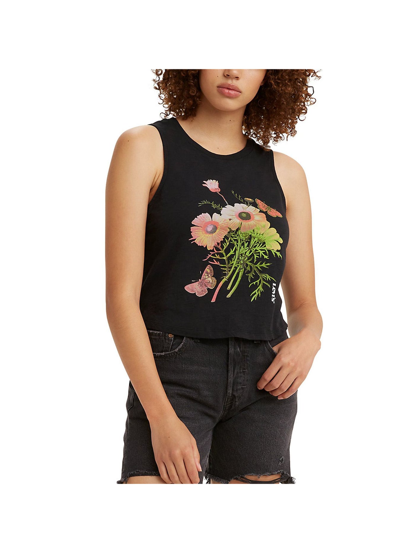 LEVI'S Womens Black Floral Sleeveless Crew Neck Tank Top L\G