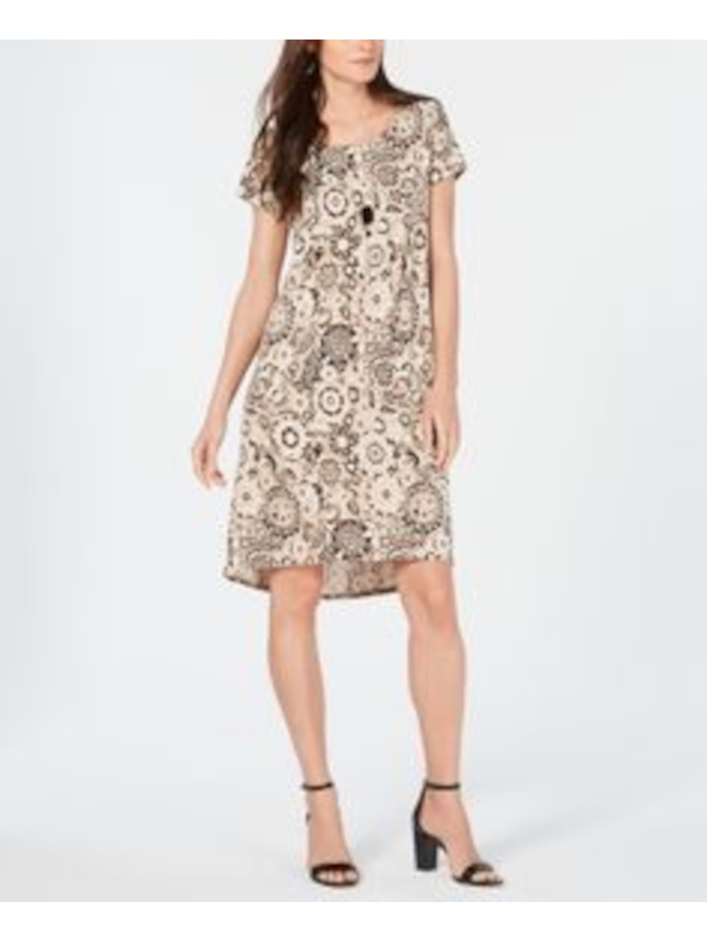 NY COLLECTION PETITE Womens Beige Paisley Short Sleeve Scoop Neck Above The Knee Hi-Lo Dress PS