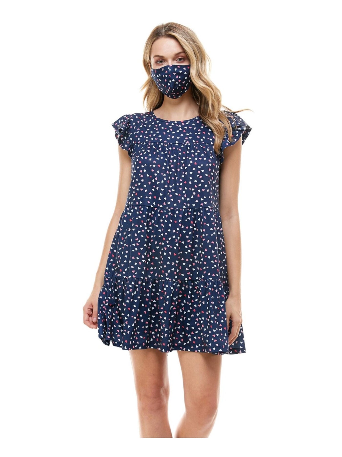 BEBOP Womens Navy Printed Flutter Sleeve Round Neck Mini Fit + Flare Dress Juniors XXS