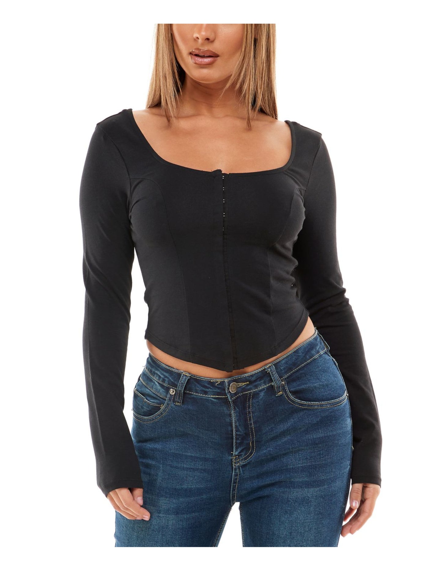 CRAVE FAME Womens Black Long Sleeve Square Neck Crop Top S