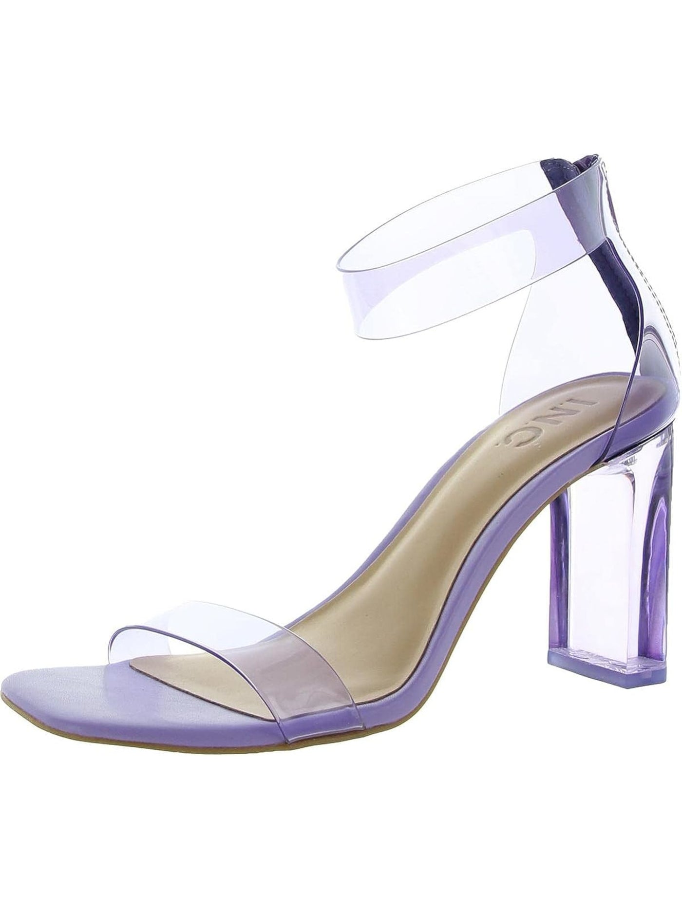 INC Womens Purple Translucent Ankle Strap Padded Makenna Square Toe Block Heel Zip-Up Dress Sandals Shoes 7.5 M