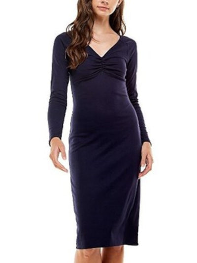PLANET GOLD Womens Navy Stretch Ruched Cut Out Unlined Pullover Styling Long Sleeve V Neck Knee Length Cocktail Sheath Dress XS