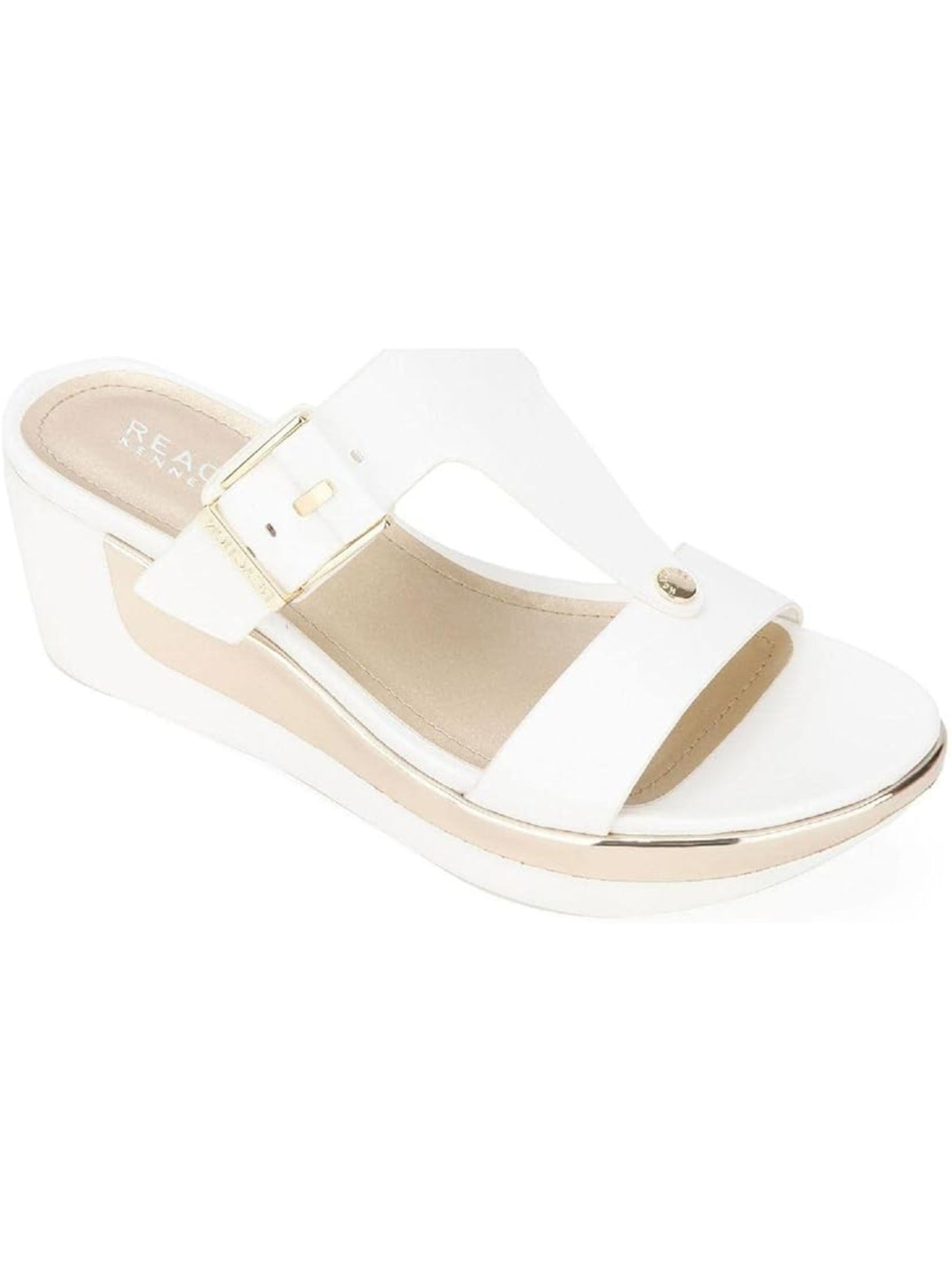 REACTION KENNETH COLE Womens White Buckle Accent 1" Platform Comfort T-Strap Pepea Round Toe Wedge Slip On Sandals Shoes 9.5