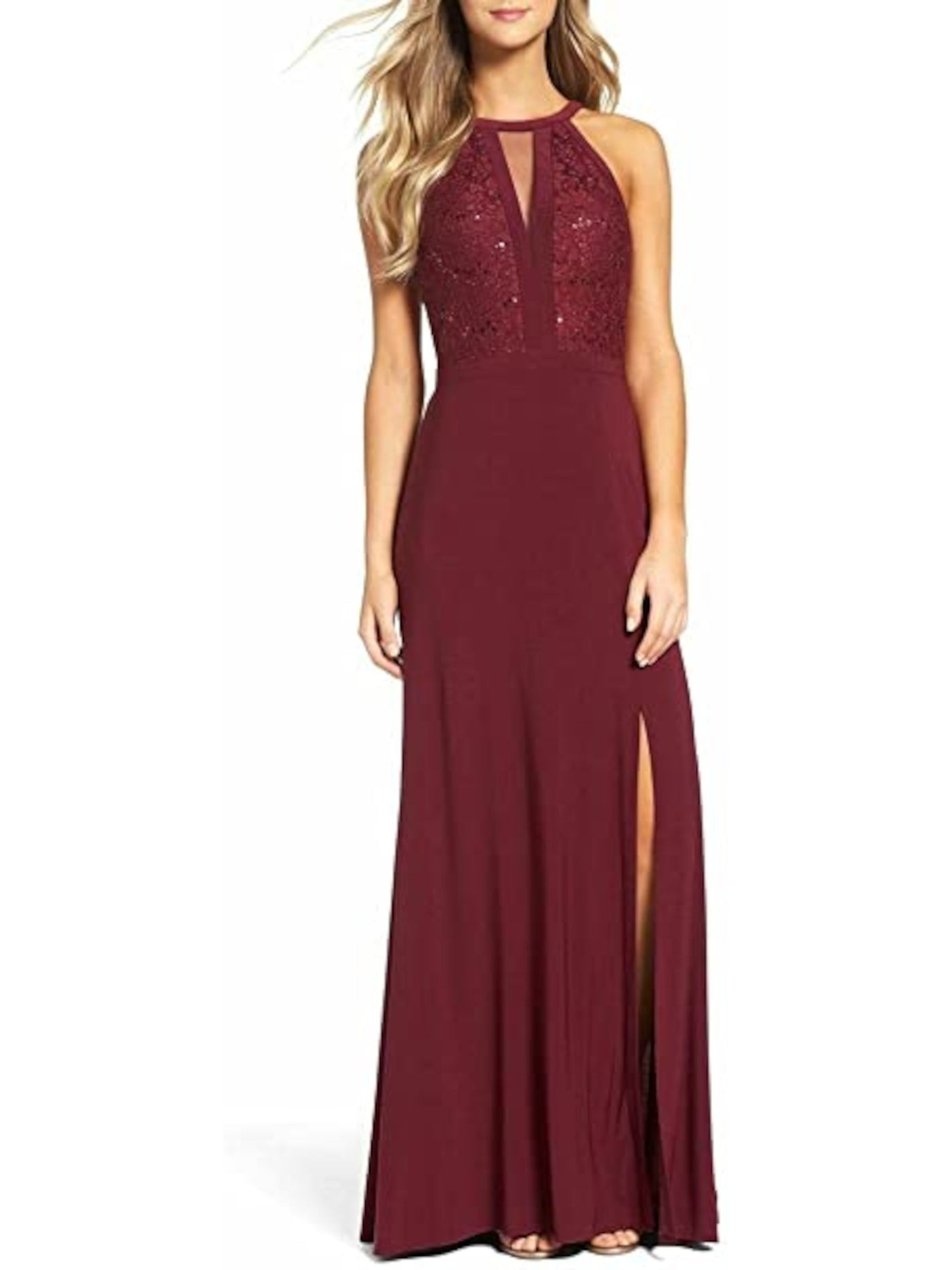 NIGHTWAY Womens Sequined Mesh Slitted Sleeveless Halter Full-Length Formal Fit + Flare Dress