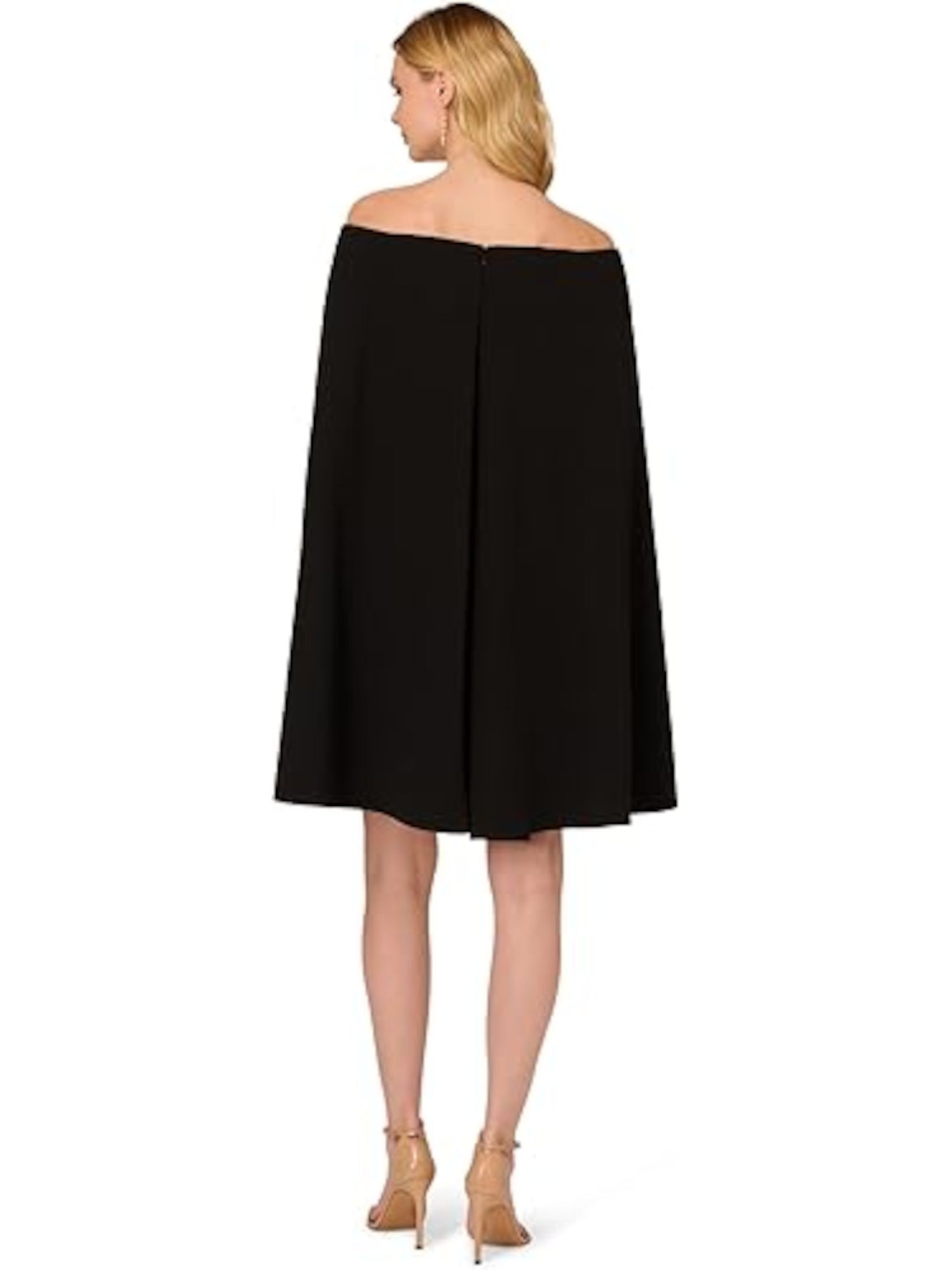 ADRIANNA PAPELL Womens Black Zippered Lined Attached Cape Sleeveless Off Shoulder Above The Knee Party Sheath Dress 6