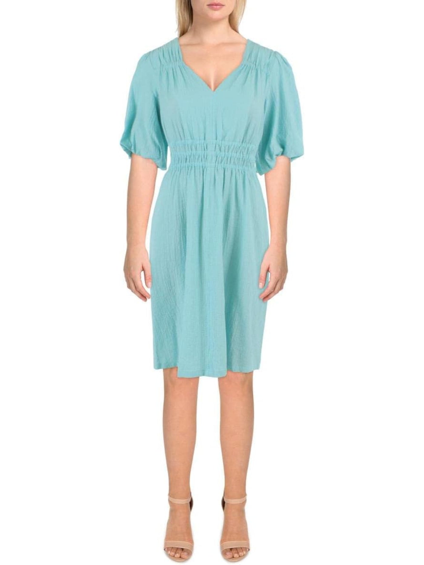 CALVIN KLEIN Womens Aqua Textured Smocked Pullover Pouf Sleeve V Neck Above The Knee Fit + Flare Dress 16