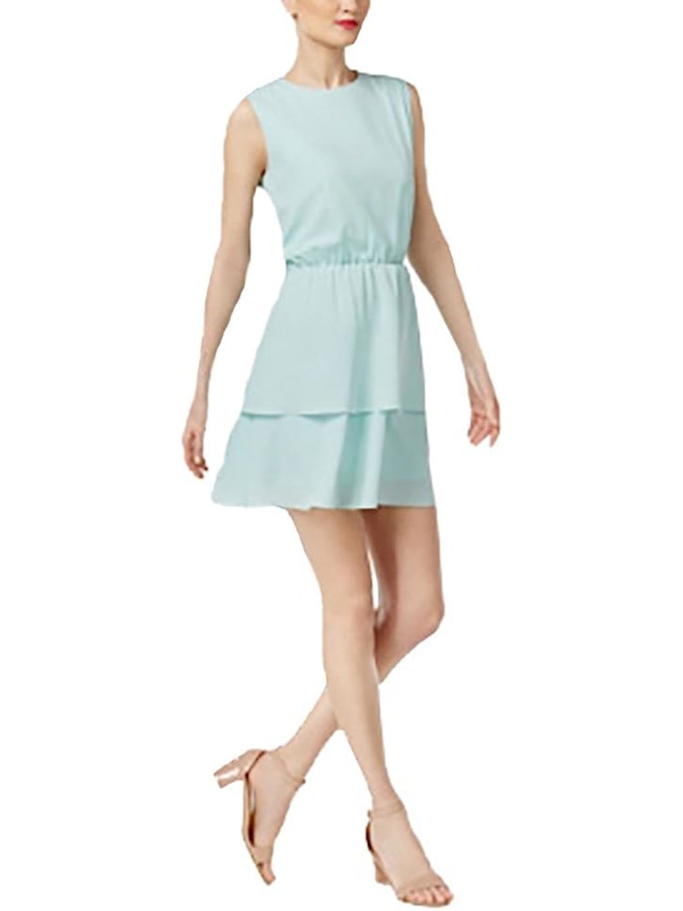 CR BY CYNTHIA ROWLEY Womens Aqua Zippered Lined Elastic Waist Tiered Skirt Sleeveless Jewel Neck Short Fit + Flare Dress XL