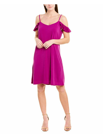 CECE Womens Purple Spaghetti Strap Off Shoulder Knee Length Shift Dress XS