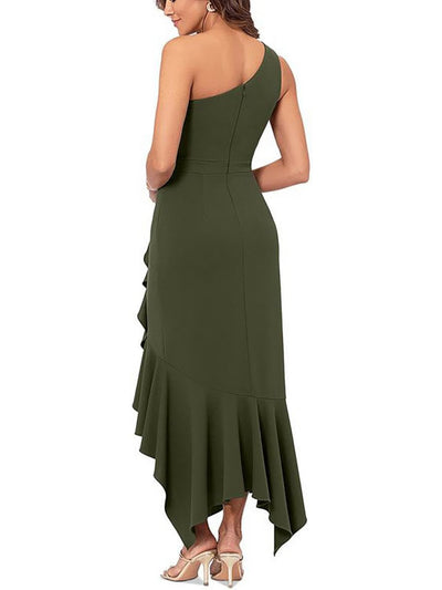 XSCAPE Womens Green Zippered Ruffled Hi-lo Hem Sleeveless Asymmetrical Neckline Maxi Evening Body Con Dress 8