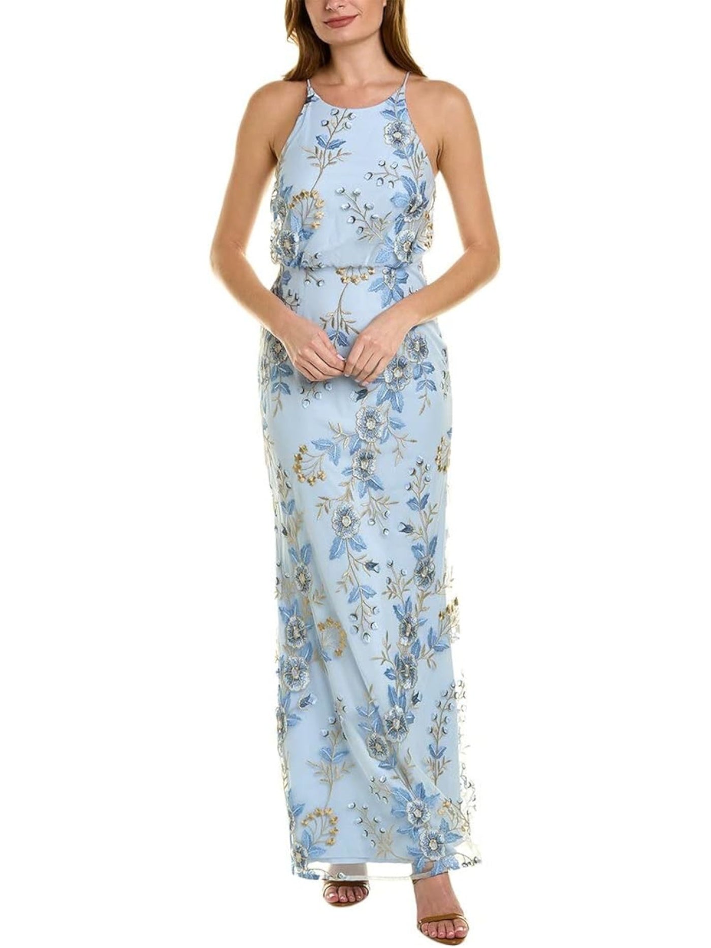 ADRIANNA PAPELL Womens Light Blue Zippered Embroidered Lined Elasticized Waist Floral Sleeveless Halter Full-Length Evening Gown Dress 14