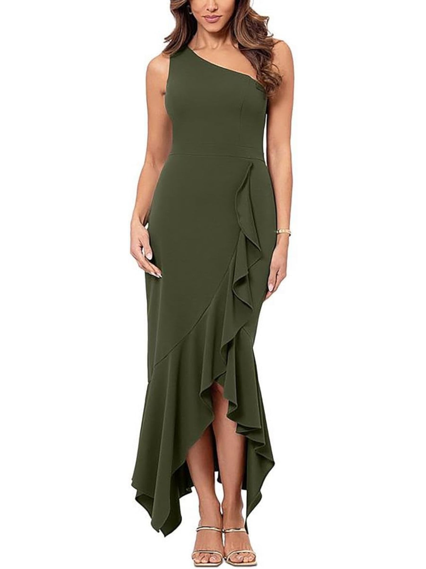 XSCAPE Womens Green Zippered Ruffled Hi-lo Hem Sleeveless Asymmetrical Neckline Maxi Evening Body Con Dress 8